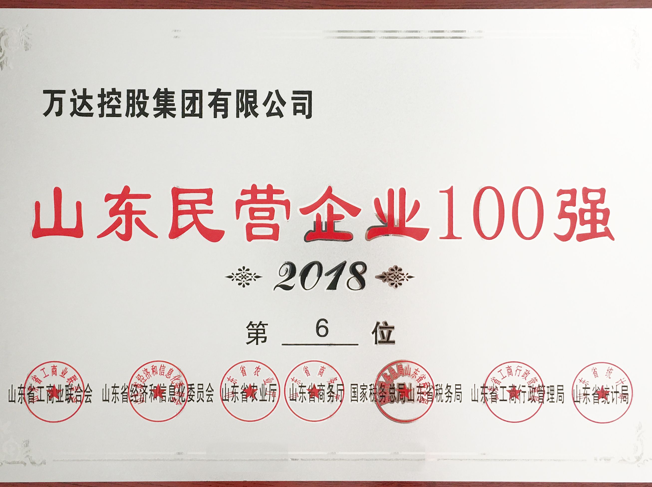 萬達集團榮獲&ldquo;山東民營企業(yè)100強第6位&rdquo;榮譽稱號